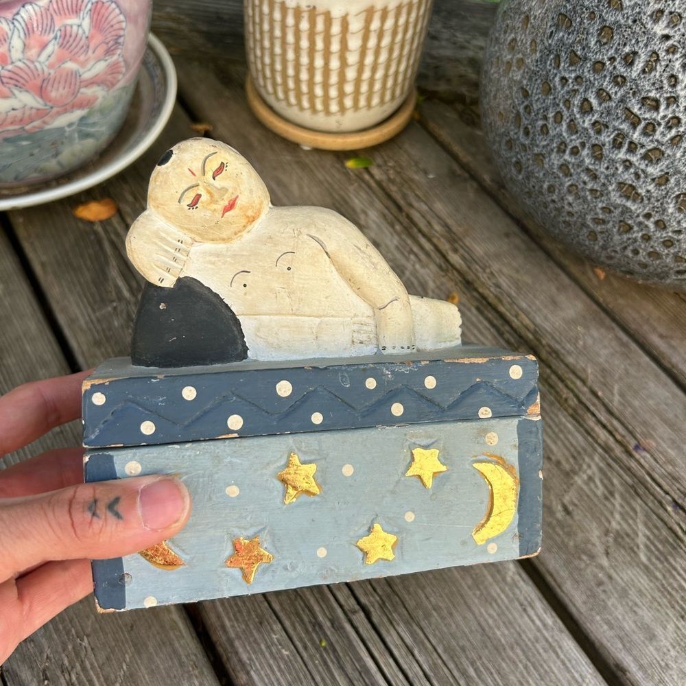 Indonesian Folk Art Sleeping Bhudha Box Carved Wood Hand Painted Stars Moon